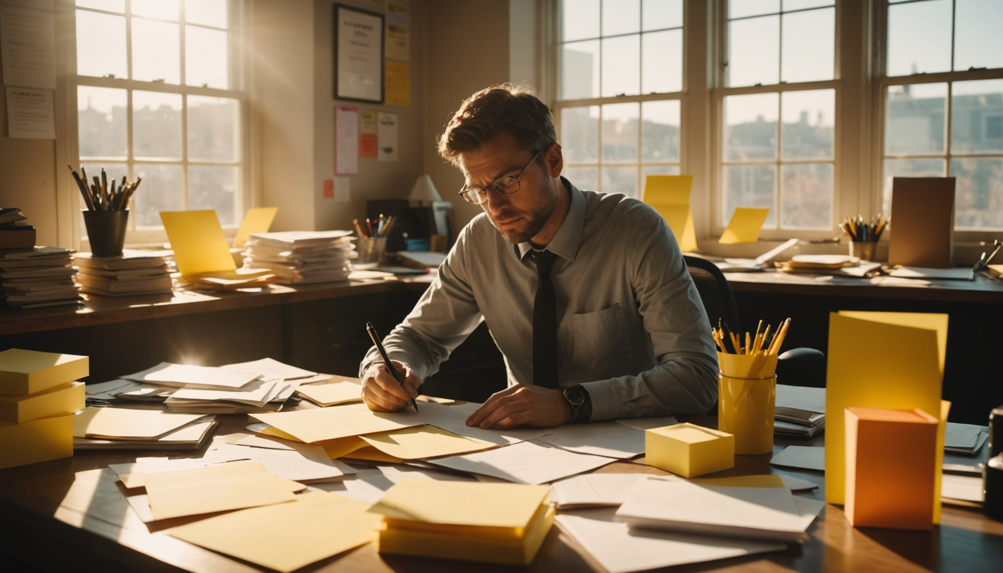 Office worker surrounded by papers and reminders, illustrating manual repetitive work before automation