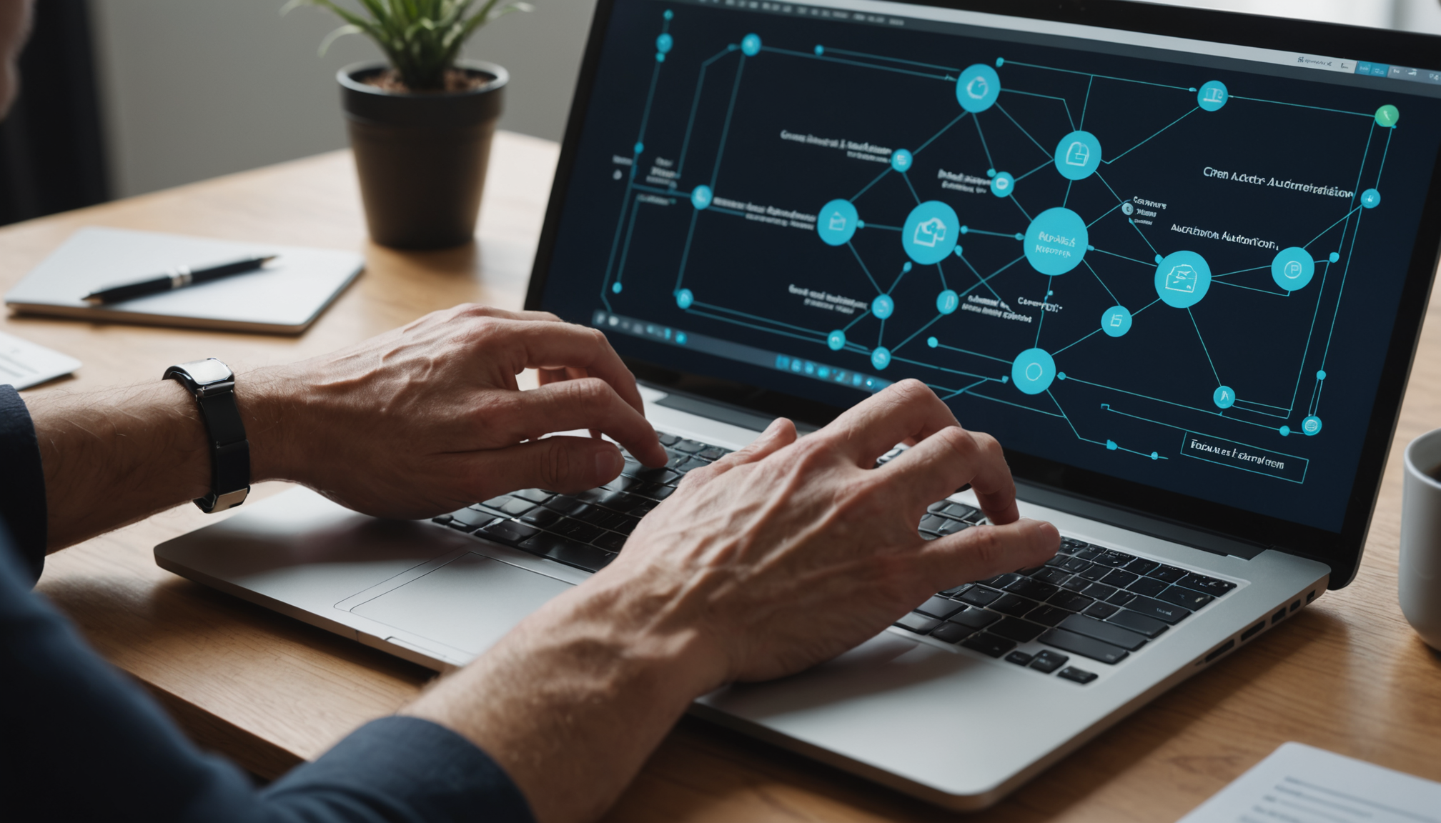 Laptop displaying workflow automation diagram with connected CRM nodes and task management for Zapier alternative setup.