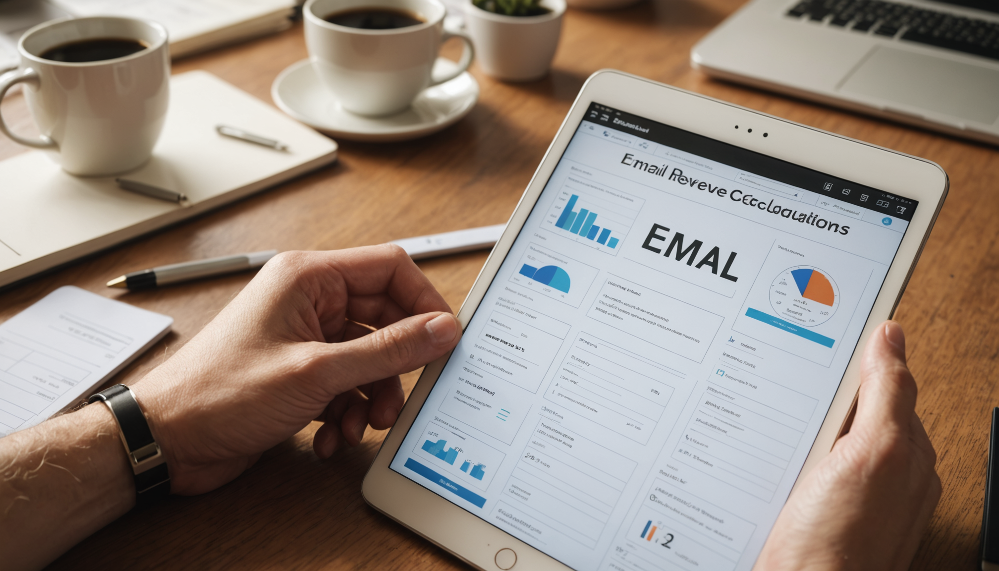 Notebook with email metrics calculations and smartphone showing email campaign tracking performance data