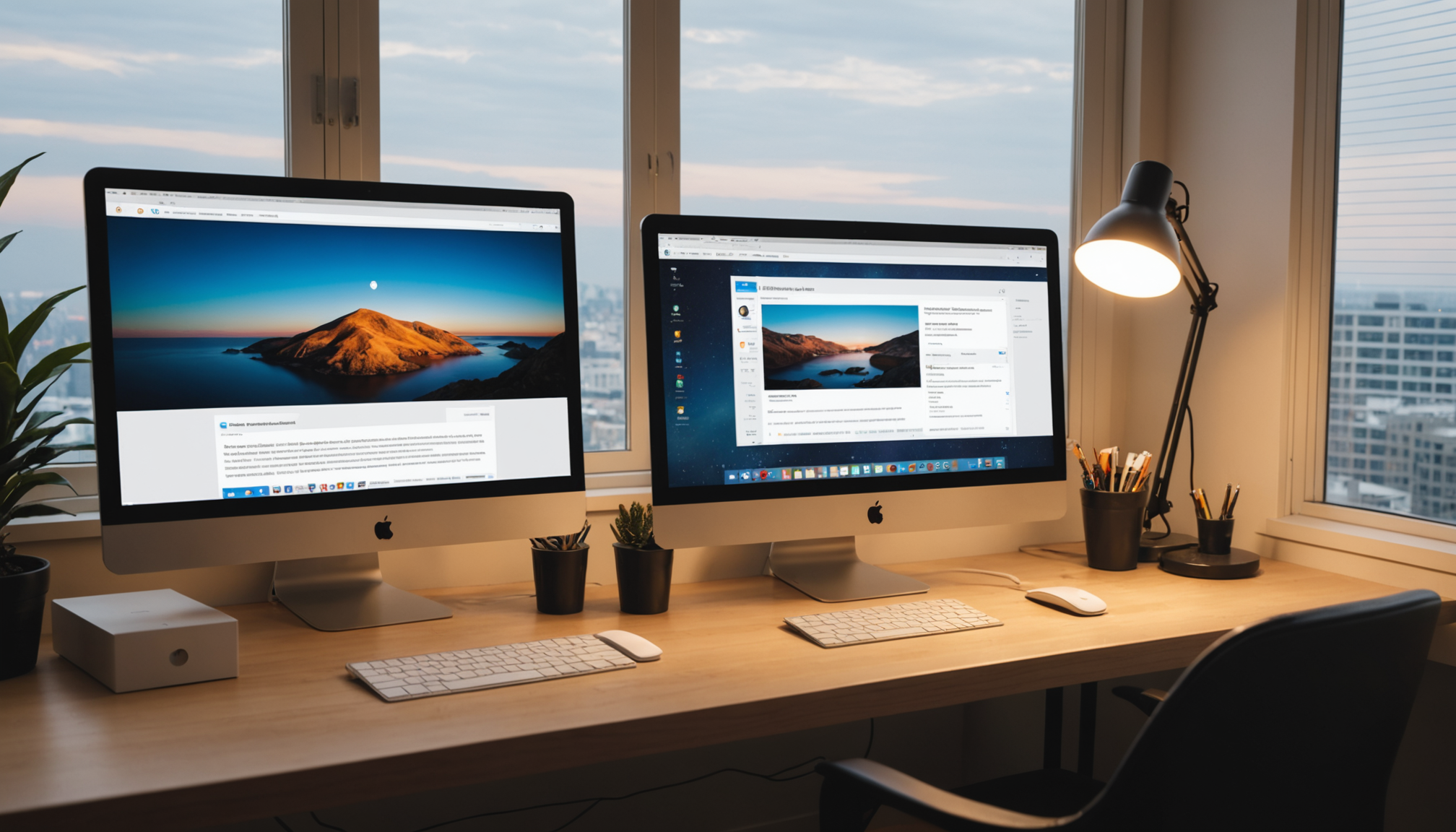 Dual monitor setup showing email platform and CRM integration with email campaign tracking metrics and engagement history linked together