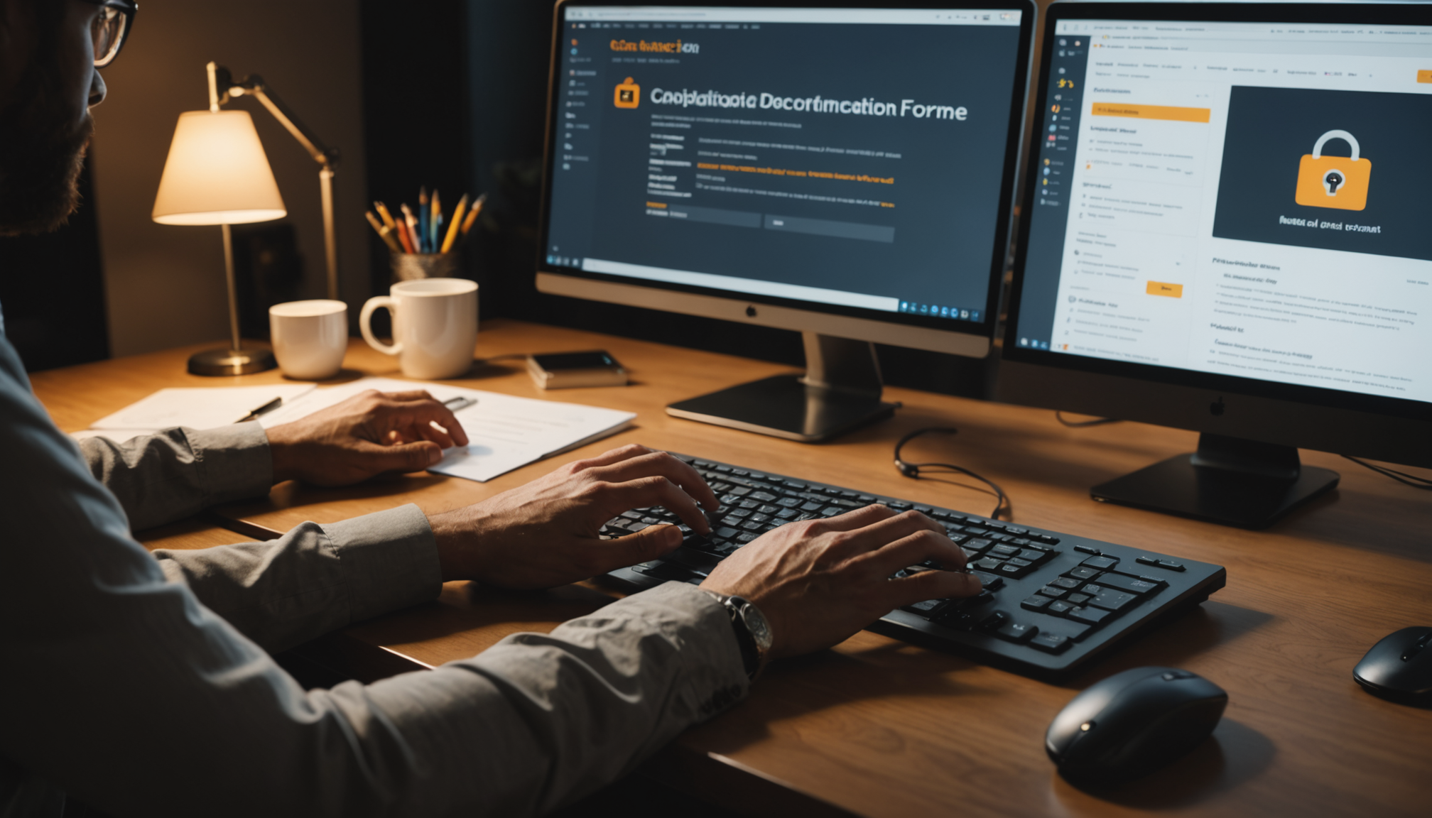 Hands typing on a keyboard with compliance documentation, audit logs, and consent verification records displayed on the monitor.