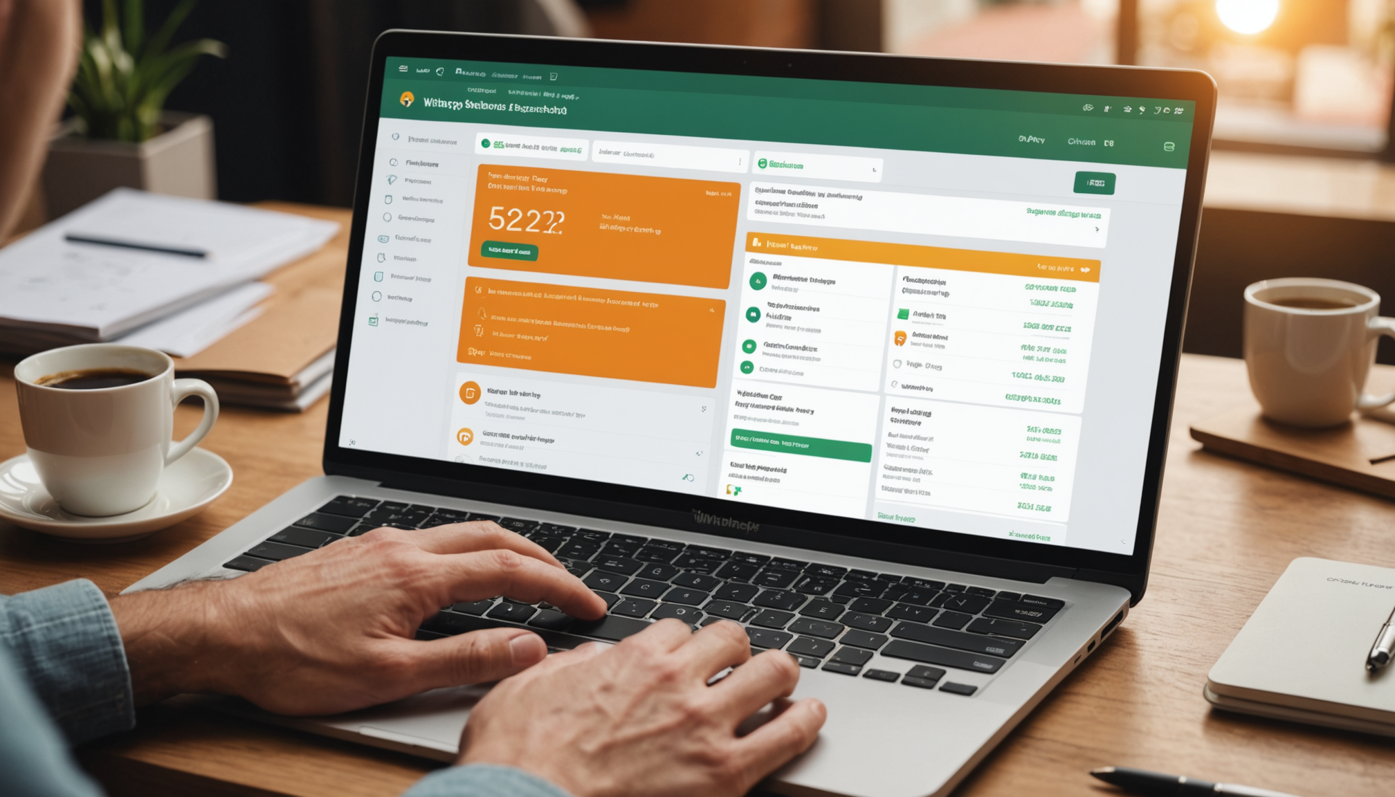 A laptop displaying a CRM dashboard with WhatsApp message templates, customer segmentation, and bulk messaging analytics metrics.