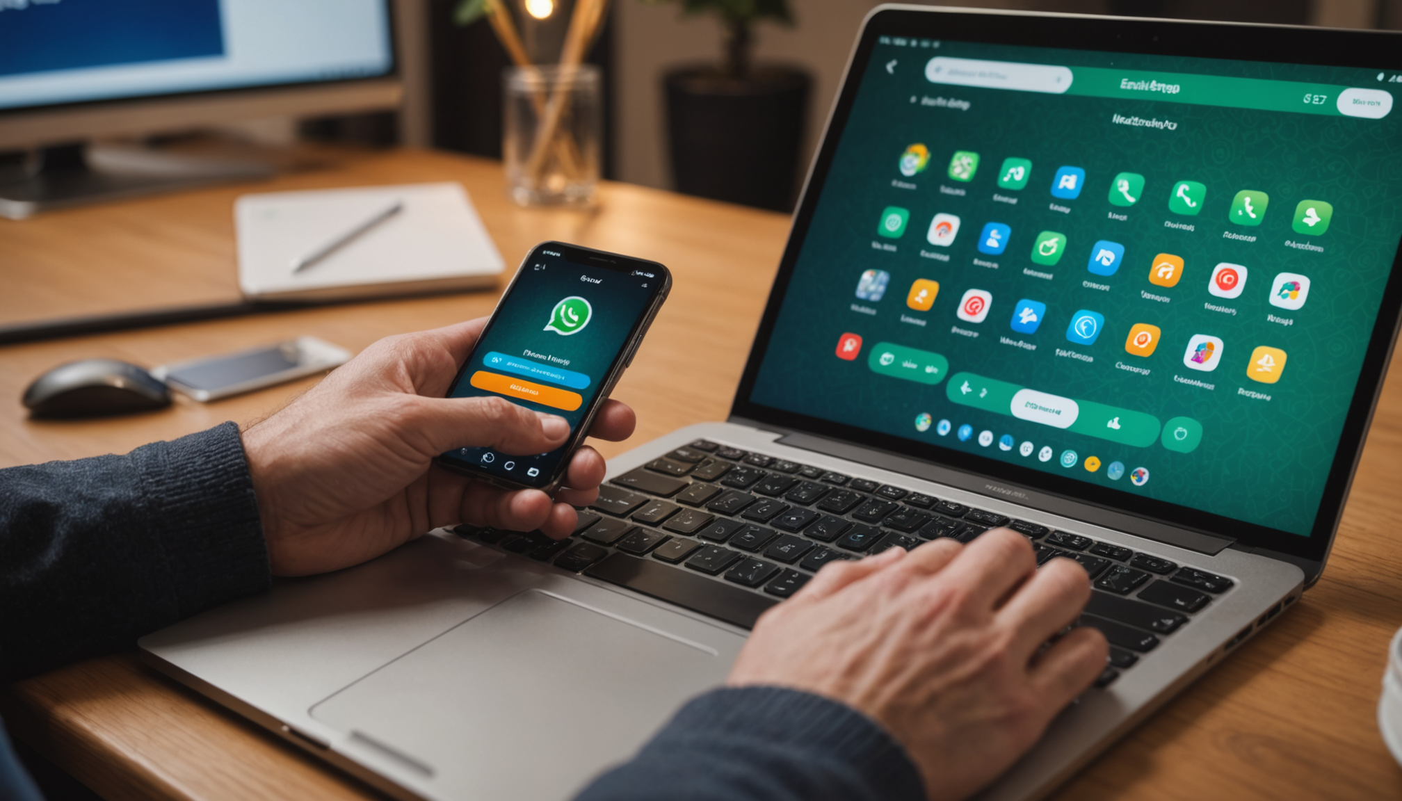 Hands typing with smartphone notifications and connected app icons showing workflow automation tools