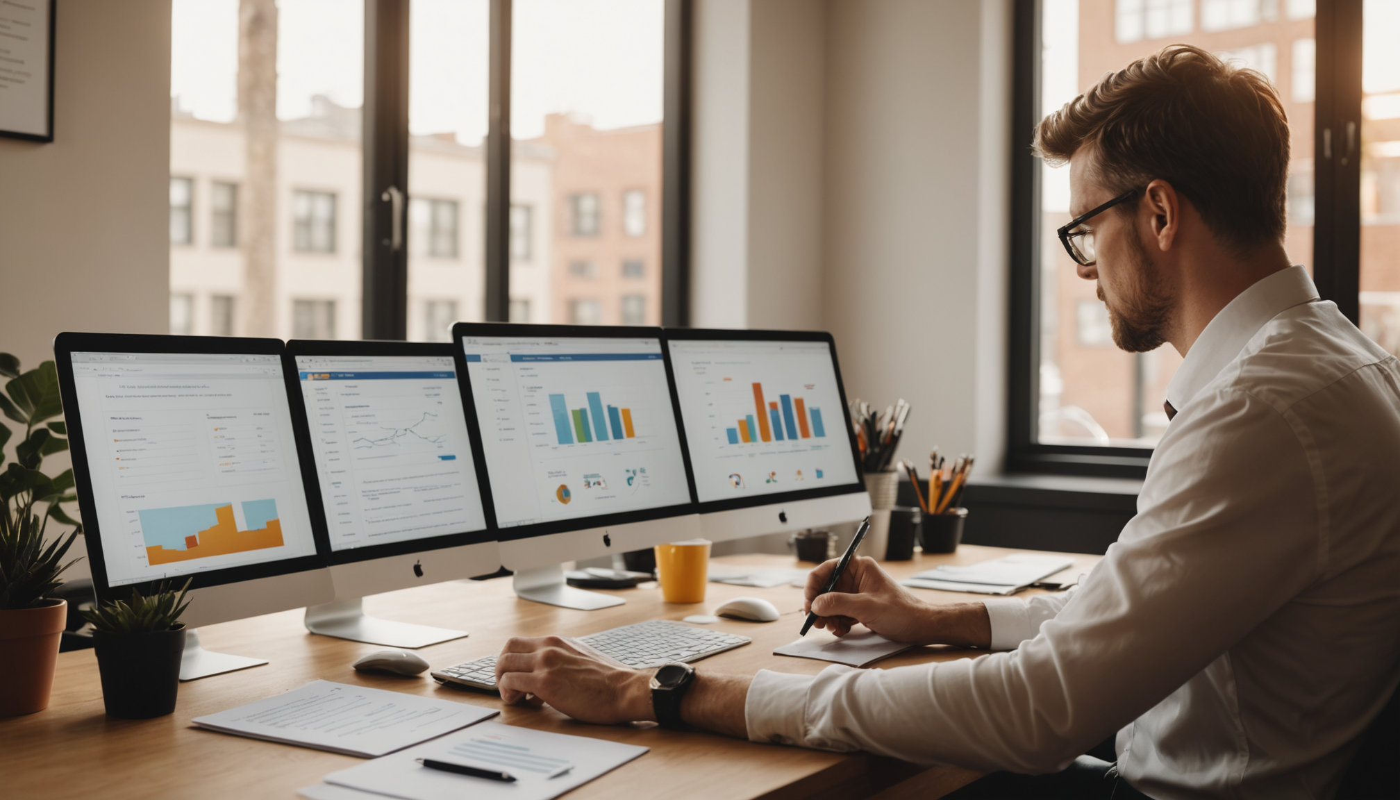 Sales professional reviewing multiple email templates and best practices for follow up communications