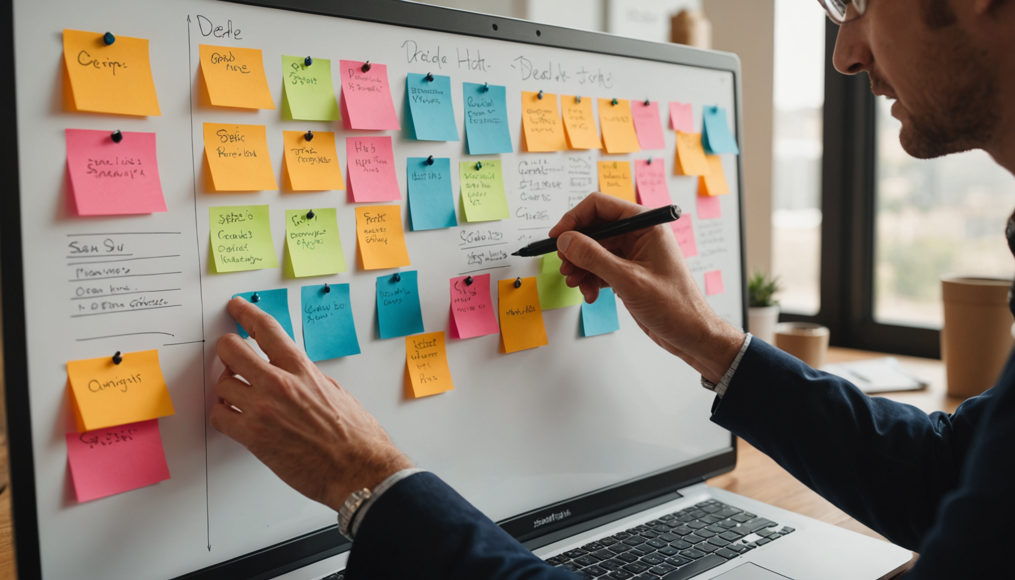 Hands updating a whiteboard with pipeline stages and deal information for sales pipeline management.