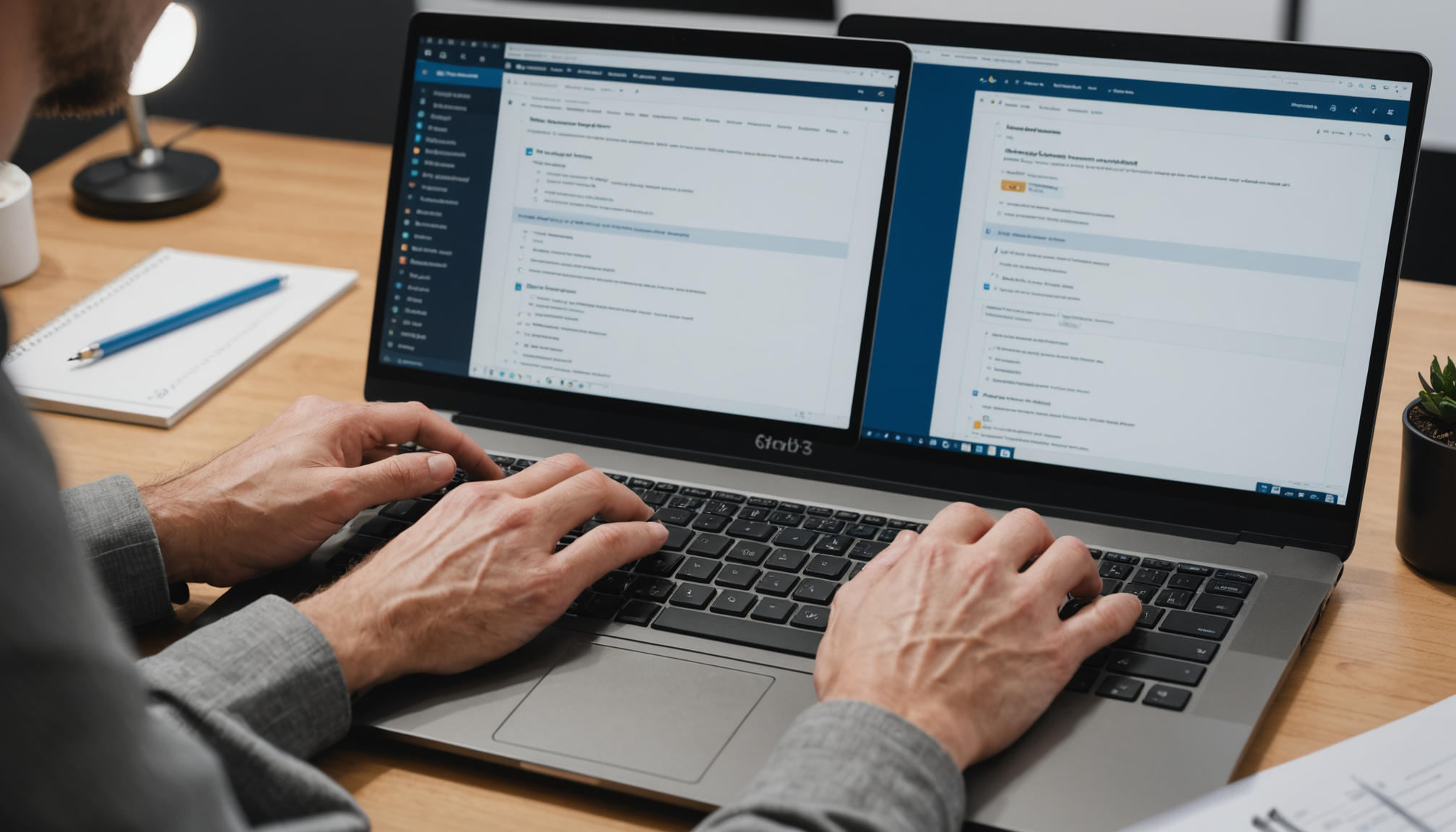 Close-up of hands typing compliance documentation for WhatsApp customer support chatbot setup on laptop