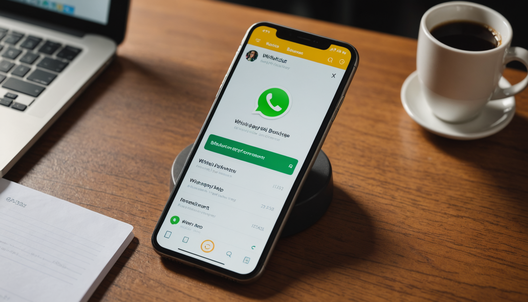 Mobile phone displaying WhatsApp Business chatbot message templates for customer support tasks and order tracking