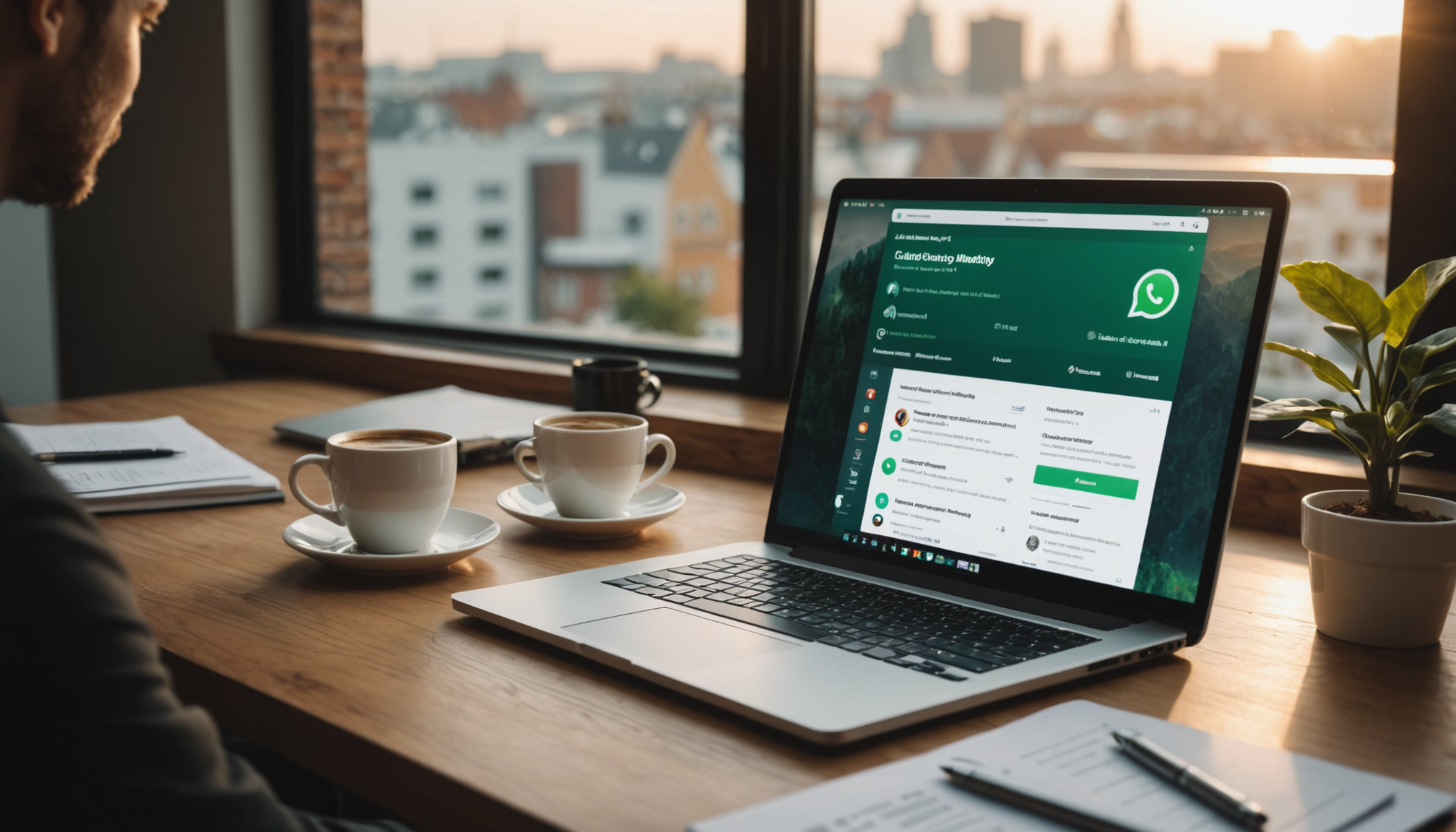Business owner analyzing WhatsApp marketing analytics on laptop and phone with customer engagement data