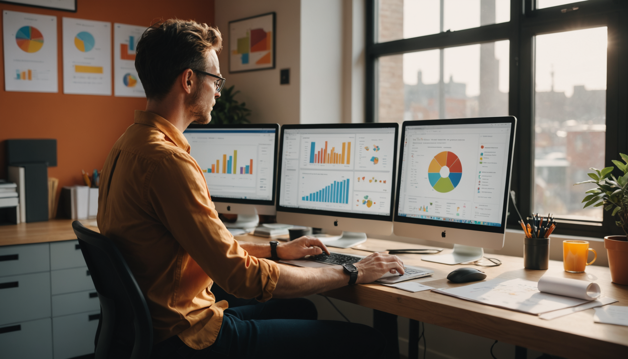 Small business owner reviewing workflow automation processes on laptop screen with organized task management charts