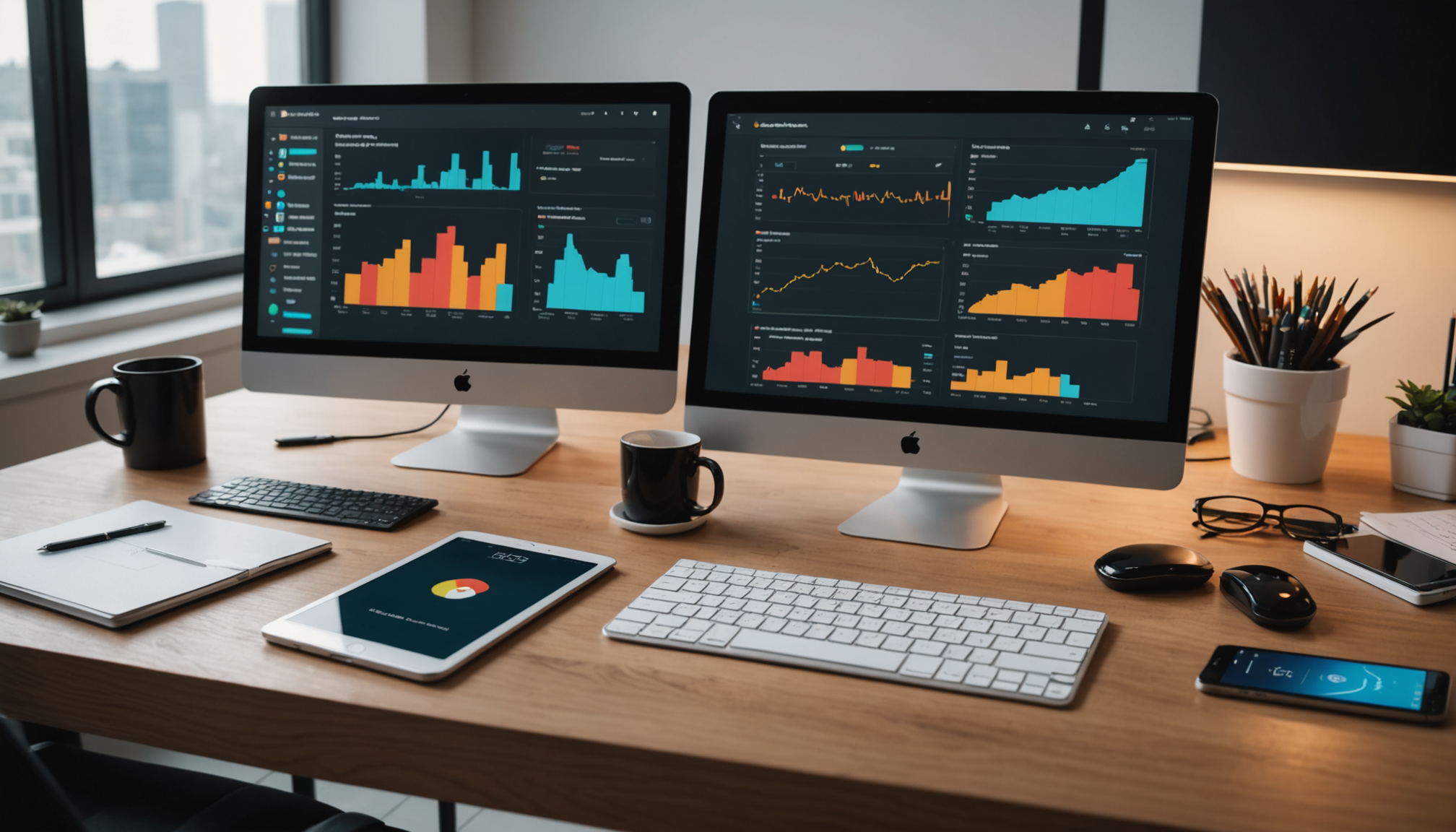Mobile devices displaying workflow automation dashboard and real-time alerts for small business process management