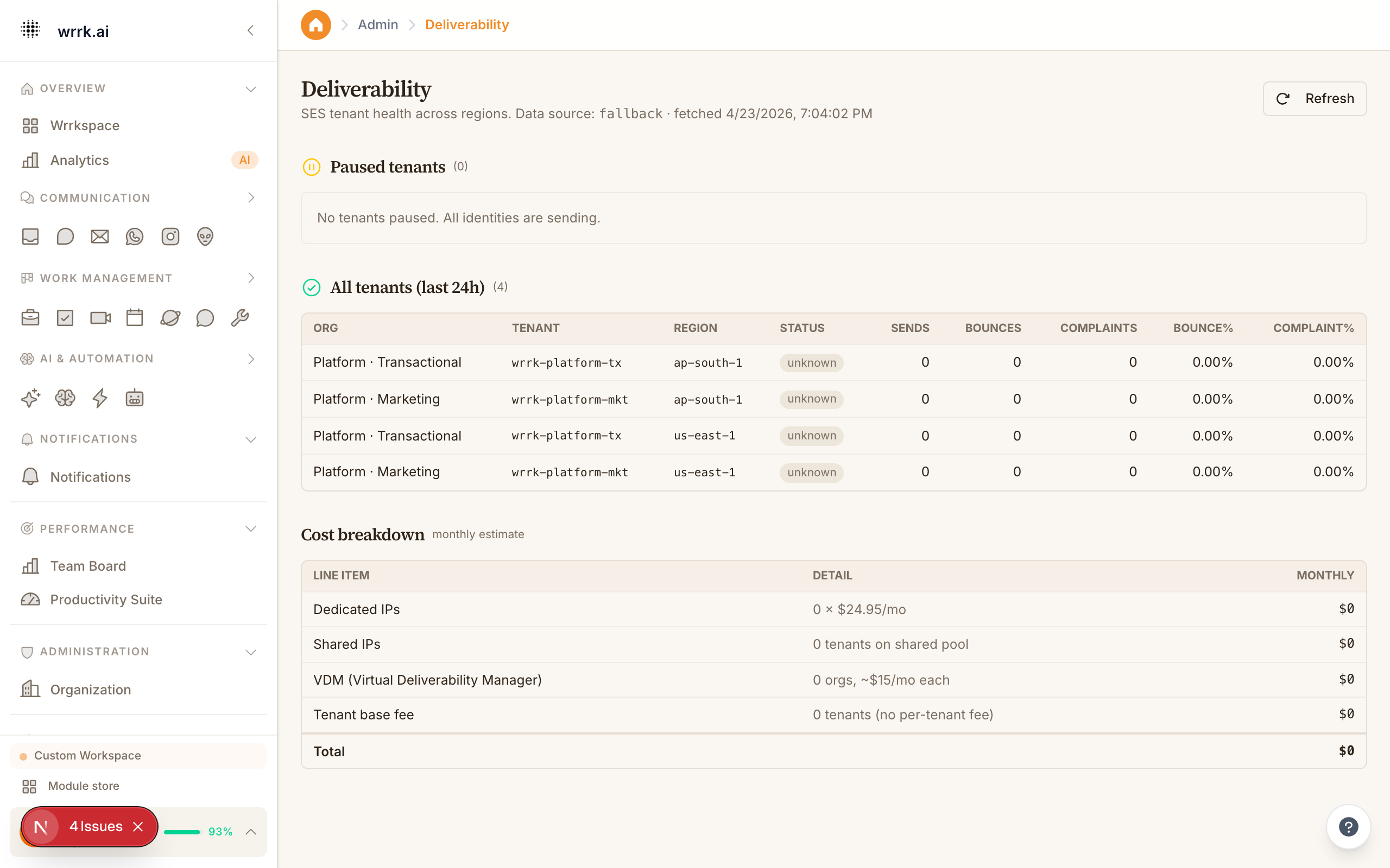 The admin deliverability dashboard at /admin/deliverability — shows tenant health across regions, paused tenants, sends/bounces/complaints per tenant, and monthly cost estimate.