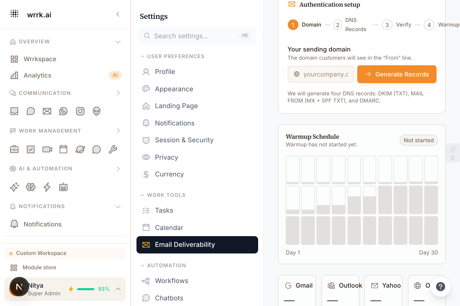 The 4-step authentication wizard (Domain → DNS Records → Verify → Warmup). Enter your domain on step 1 and click Generate Records.