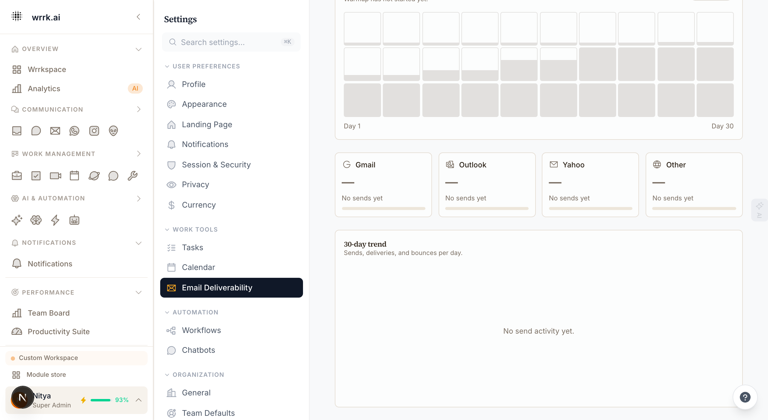The reputation dashboard — 4 ISP gauges (Gmail, Outlook, Yahoo, Other) plus the 30-day trend chart.