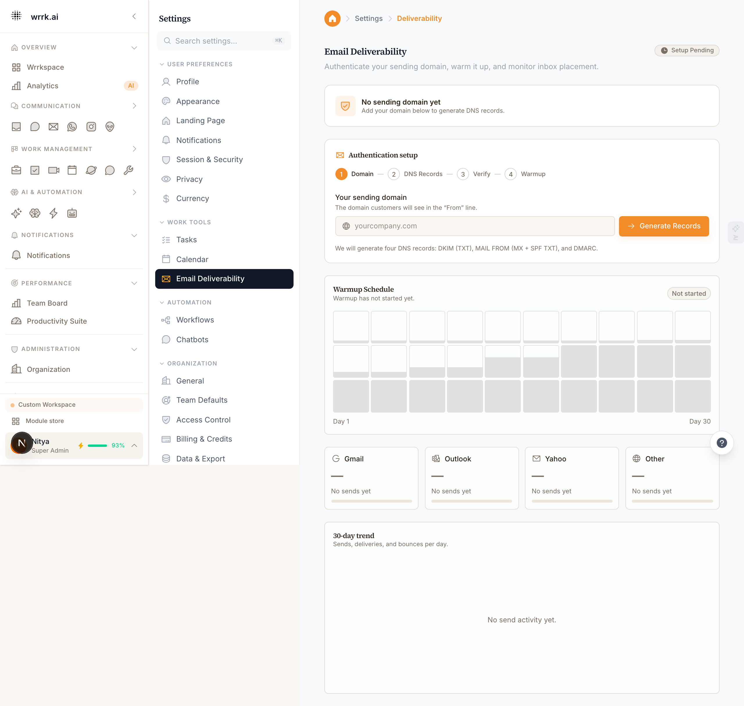 The full deliverability settings page — authentication wizard, warmup schedule, ISP reputation gauges, and 30-day trend, all on one screen.