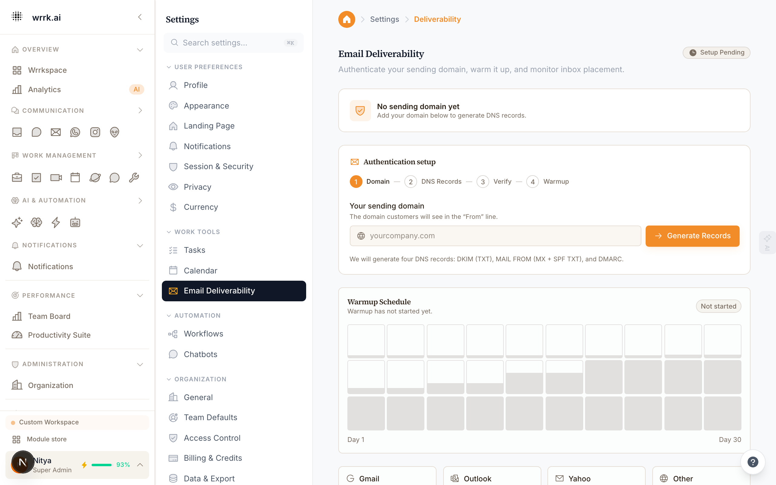 The Email Deliverability setup page at Settings → Email Deliverability. This is where you start.