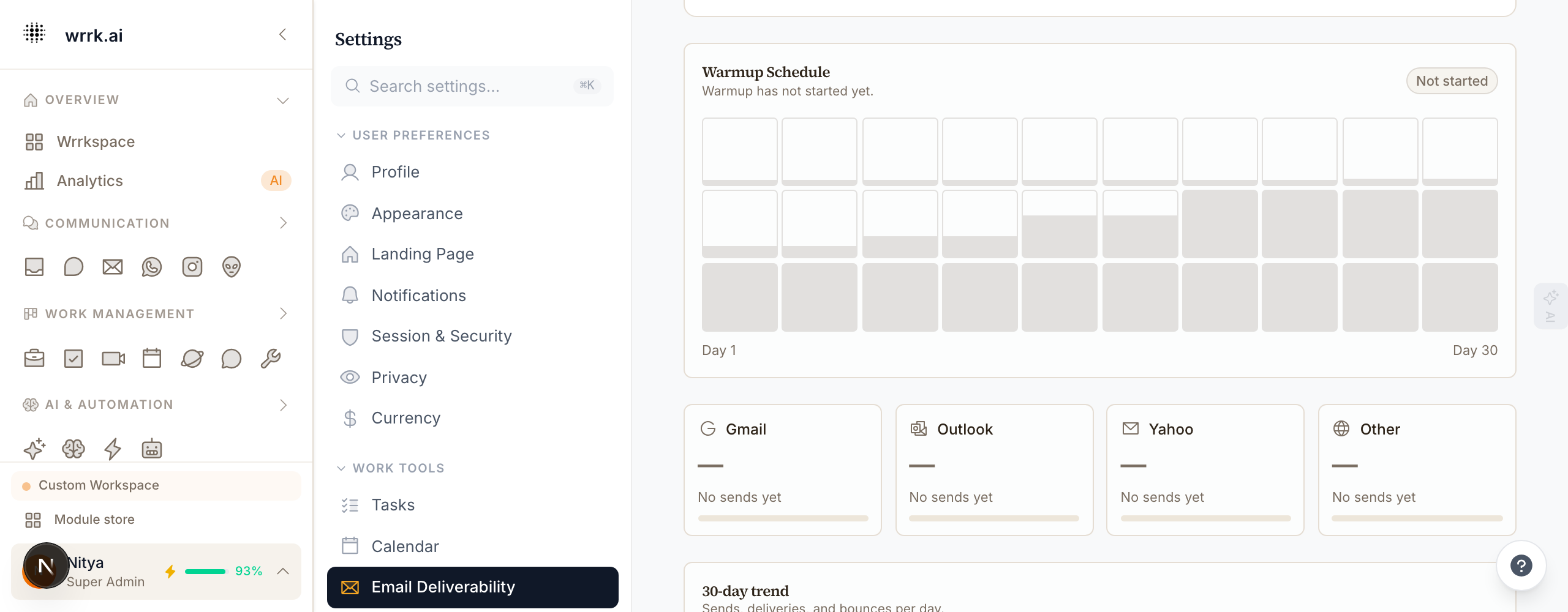 The Warmup Schedule panel at Settings → Email Deliverability. Each tile is a day; today is highlighted, future days are faded.